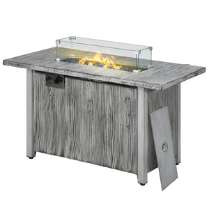 Propane Gas Fire Pit Table for Garden, 50000 BTU Smokeless Firepit Outdoor Patio Heater with Waterproof Cover, Glass Screen, Glass Beads and Lid, Wood Effect, 109 x 56 x 63cm, Grey