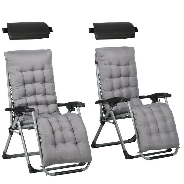 Reclining Zero Gravity Chair with Adjustable Backrest, Folding Garden Sun Lounger with Removable Cushion and Headrest, Set of 2, Dark Grey