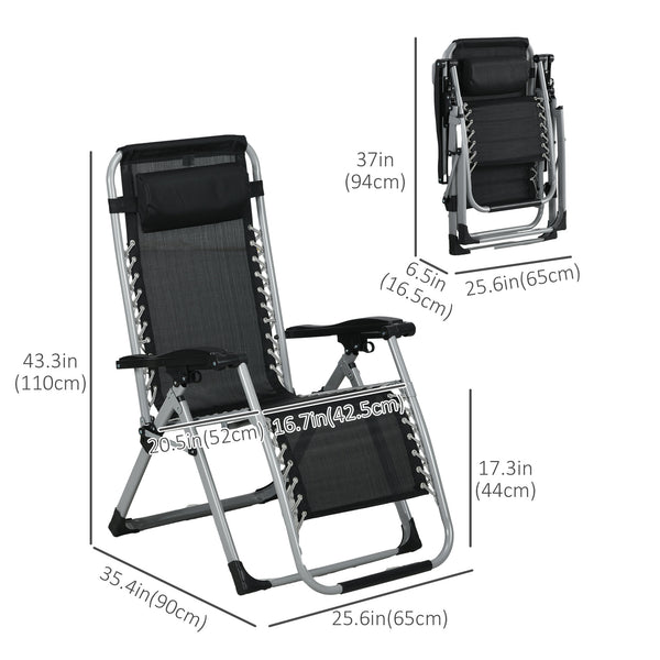 Reclining Zero Gravity Chair with Adjustable Backrest, Folding Garden Sun Lounger with Removable Cushion and Headrest, Set of 2, Dark Grey