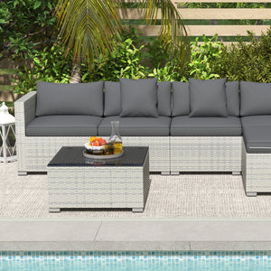 6 Pieces Rattan Garden Furniture Set, 5 Seater Sectional Garden Corner Sofa Set with Glass Top Coffee Table, Cushions and Pillows, All-Weather Wicker Conversation Furniture, Mixed Grey