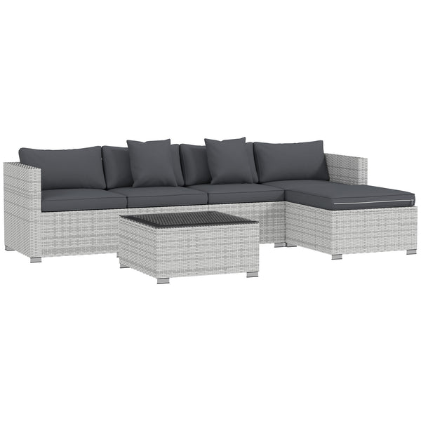 6 Pieces Rattan Garden Furniture Set, 5 Seater Sectional Garden Corner Sofa Set with Glass Top Coffee Table, Cushions and Pillows, All-Weather Wicker Conversation Furniture, Mixed Grey