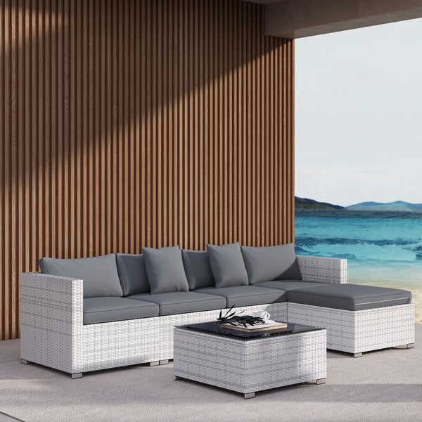 6 Pieces Rattan Garden Furniture Set, 5 Seater Sectional Garden Corner Sofa Set with Glass Top Coffee Table, Cushions and Pillows, All-Weather Wicker Conversation Furniture, Mixed Grey