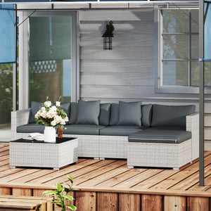 6 Pieces Rattan Garden Furniture Set, 5 Seater Sectional Garden Corner Sofa Set with Glass Top Coffee Table, Cushions and Pillows, All-Weather Wicker Conversation Furniture, Mixed Grey