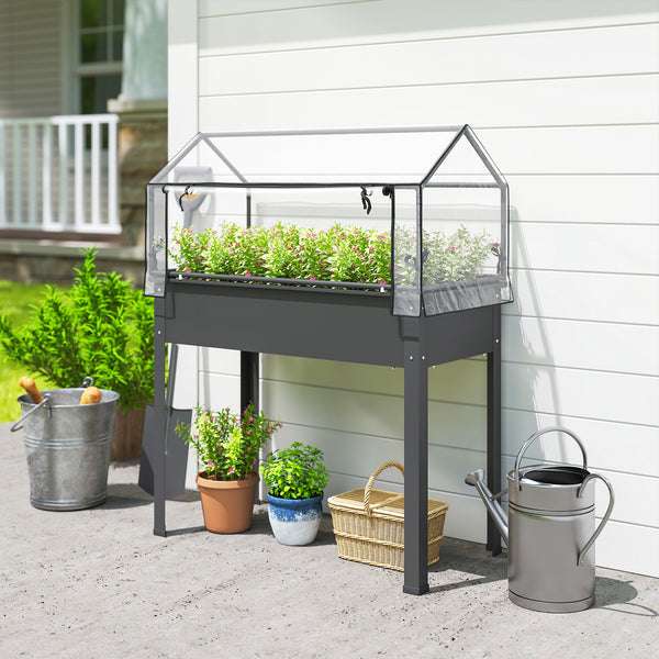 Raised Garden Bed with Greenhouse Cover, Elevated Planter Box with Legs and Drainage Hole for Vegetables Flowers Herbs, 39.4" x 18.9" x 48.8", Dark Gray