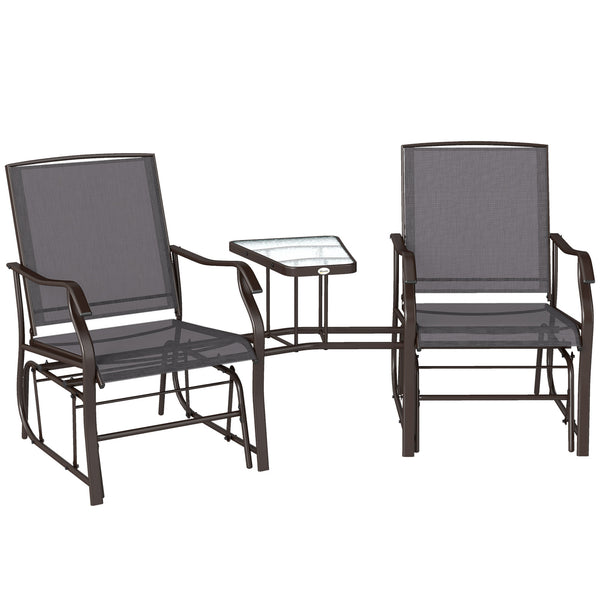 Outdoor Glider Chairs with Coffee Table, Patio 2-Seat Rocking Chair Swing Loveseat with Breathable Sling for Backyard, Garden, and Porch, Gray