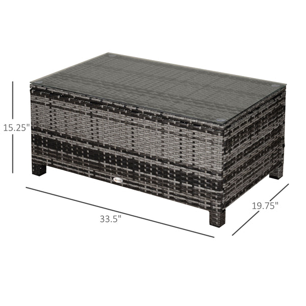 Rattan Coffee Table, Patio Side Table, Hand-woven Wicker Furniture with Tempered Glass Top Outdoor Garden Patio, Mixed Grey