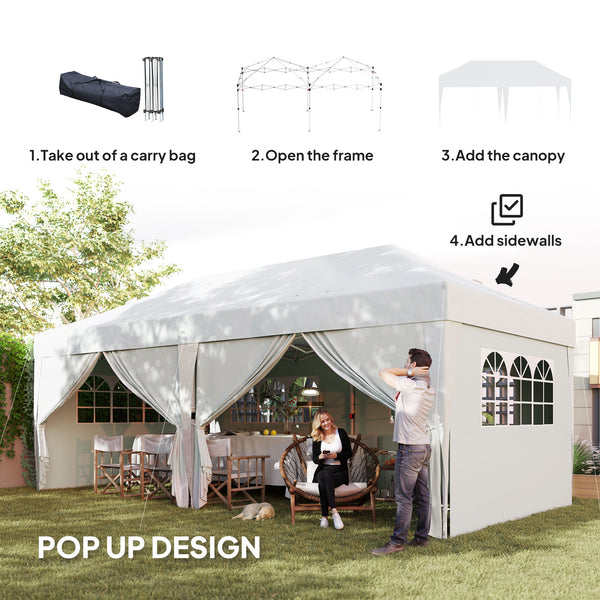 10' x 20' Pop Up Canopy with 6 Walls, Outdoor Easy Up Canopy Party Tent with Steel Frame, Drainage Holes, Instant Garden Shade Shelter with Carrying Bag, White