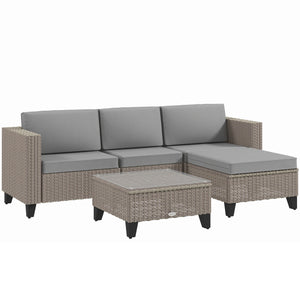 5 Pieces PE Rattan Garden Furniture Set, 4 Seater Garden Corner Sofa Set with Glass Coffee Table, Wicker Outdoor Furniture Set with Cushions for Patio Deck, Brown