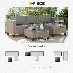 5 Pieces PE Rattan Garden Furniture Set, 4 Seater Garden Corner Sofa Set with Glass Coffee Table, Wicker Outdoor Furniture Set with Cushions for Patio Deck, Brown