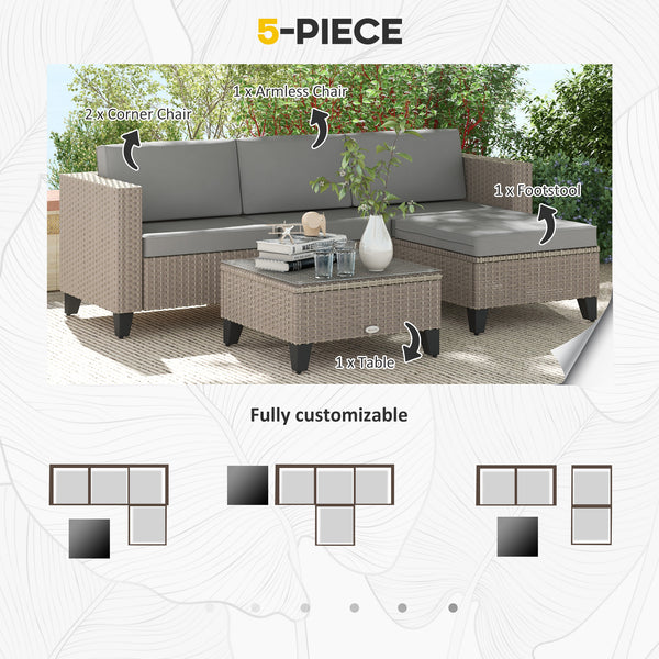 5 Pieces PE Rattan Garden Furniture Set, 4 Seater Garden Corner Sofa Set with Glass Coffee Table, Wicker Outdoor Furniture Set with Cushions for Patio Deck, Brown