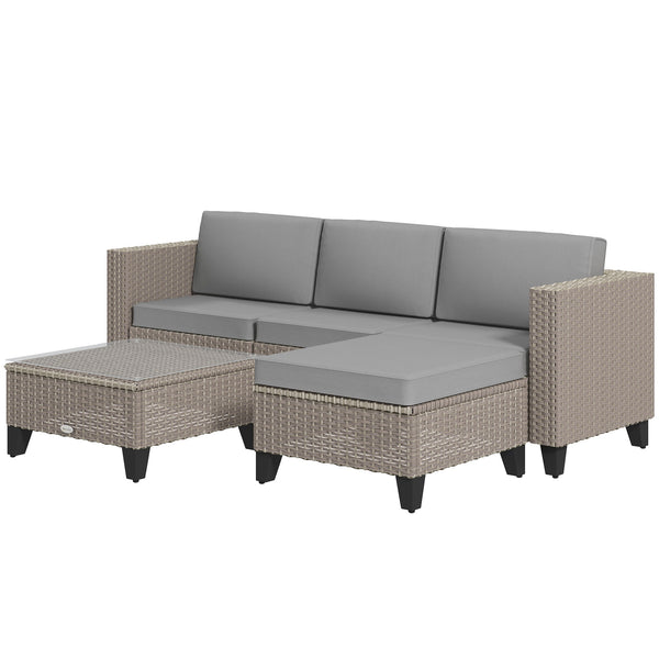 5 Pieces PE Rattan Garden Furniture Set, 4 Seater Garden Corner Sofa Set with Glass Coffee Table, Wicker Outdoor Furniture Set with Cushions for Patio Deck, Brown