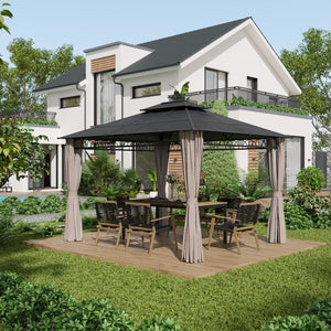 10' x 12' Outdoor Gazebo Canopy, Double Roof Hardtop Gazebo with Polycarbonate Roof, Steel Frame, Nettings and Curtains, for Garden, Lawn, Backyard and Deck, Khaki