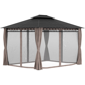10' x 12' Outdoor Gazebo Canopy, Double Roof Hardtop Gazebo with Polycarbonate Roof, Steel Frame, Nettings and Curtains, for Garden, Lawn, Backyard and Deck, Khaki