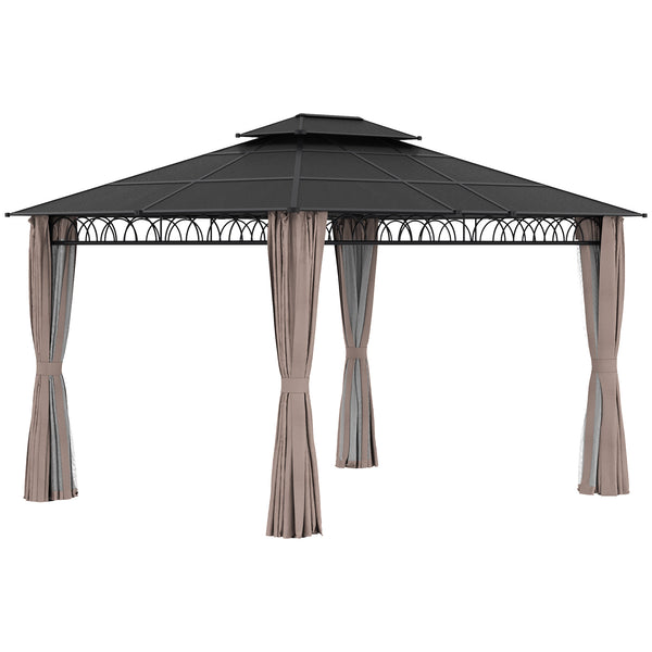 10' x 12' Outdoor Gazebo Canopy, Double Roof Hardtop Gazebo with Polycarbonate Roof, Steel Frame, Nettings and Curtains, for Garden, Lawn, Backyard and Deck, Khaki