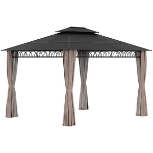 10' x 12' Outdoor Gazebo Canopy, Double Roof Hardtop Gazebo with Polycarbonate Roof, Steel Frame, Nettings and Curtains, for Garden, Lawn, Backyard and Deck, Khaki
