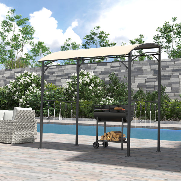 2.2 x 1.5 m BBQ Grill Gazebo Tent, Garden Grill with Metal Frame, Curved Canopy and 10 Hooks, Outdoor Sun Shade, Beige