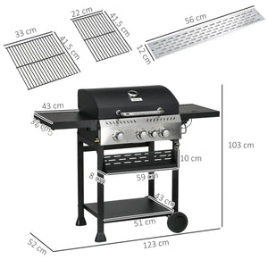 3+1 Gas Burner Grill, 11.5 kW Propane Gas Barbecue BBQ Grill with Wheels, Warming Rack, Shelves, Thermometer, Bottle Opener, Black