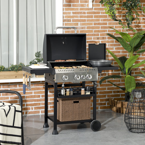 3+1 Gas Burner Grill, 11.5 kW Propane Gas Barbecue BBQ Grill with Wheels, Warming Rack, Shelves, Thermometer, Bottle Opener, Black