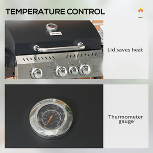 3+1 Gas Burner Grill, 11.5 kW Propane Gas Barbecue BBQ Grill with Wheels, Warming Rack, Shelves, Thermometer, Bottle Opener, Black