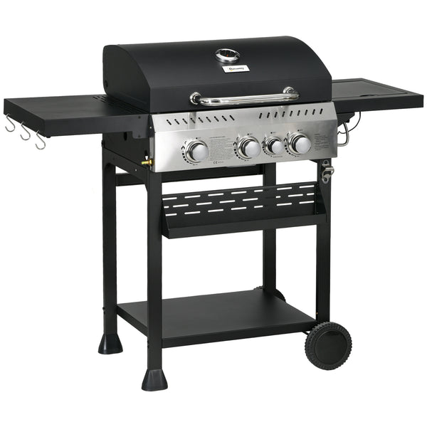3+1 Gas Burner Grill, 11.5 kW Propane Gas Barbecue BBQ Grill with Wheels, Warming Rack, Shelves, Thermometer, Bottle Opener, Black