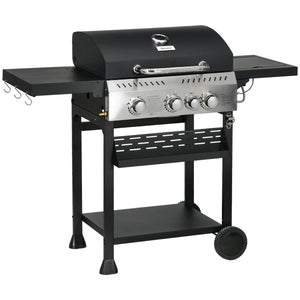 3+1 Gas Burner Grill, 11.5 kW Propane Gas Barbecue BBQ Grill with Wheels, Warming Rack, Shelves, Thermometer, Bottle Opener, Black