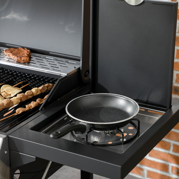 3+1 Gas Burner Grill, 11.5 kW Propane Gas Barbecue BBQ Grill with Wheels, Warming Rack, Shelves, Thermometer, Bottle Opener, Black
