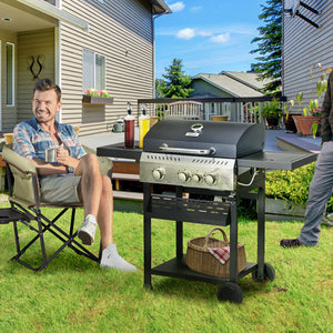 3+1 Gas Burner Grill, 11.5 kW Propane Gas Barbecue BBQ Grill with Wheels, Warming Rack, Shelves, Thermometer, Bottle Opener, Black