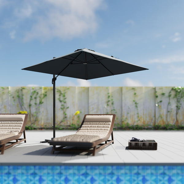 8 FT Cantilever Patio Umbrella, UPF50+ Outdoor Square Aluminium Offset Umbrella with 360° Rotation, Cross Base, Crank and Tilt for Garden, Patio, Deck and Pool, Dark Grey