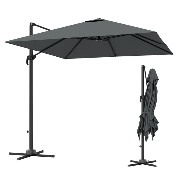 8 FT Cantilever Patio Umbrella, UPF50+ Outdoor Square Aluminium Offset Umbrella with 360° Rotation, Cross Base, Crank and Tilt for Garden, Patio, Deck and Pool, Dark Grey