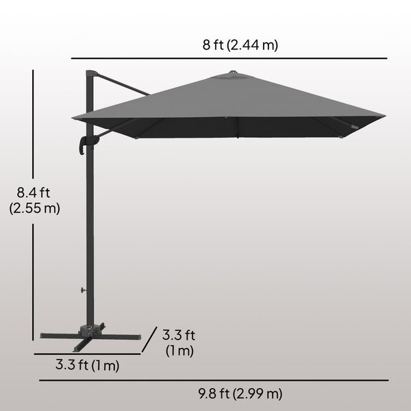 8 FT Cantilever Patio Umbrella, UPF50+ Outdoor Square Aluminium Offset Umbrella with 360° Rotation, Cross Base, Crank and Tilt for Garden, Patio, Deck and Pool, Dark Grey