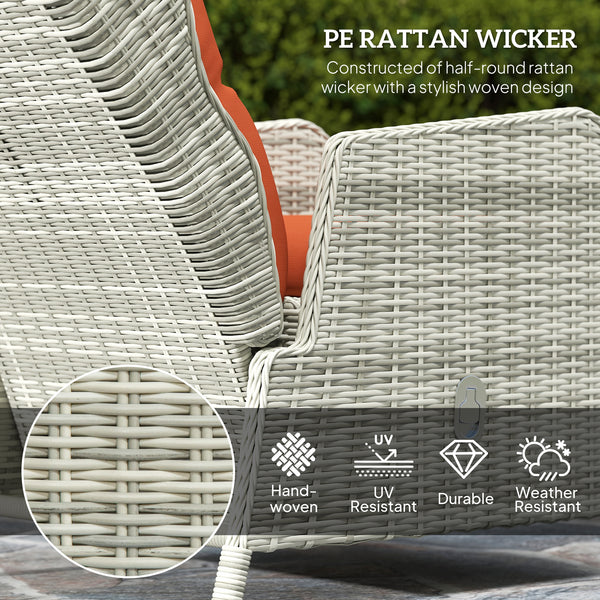 5 Pieces Rattan Bistro Set with Adjustable Back, Reclining Wicker Balcony Furniture with Cushions, Glass Top Coffee Table and Footstools, Outdoor Table and Chairs, Orange