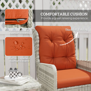 5 Pieces Rattan Bistro Set with Adjustable Back, Reclining Wicker Balcony Furniture with Cushions, Glass Top Coffee Table and Footstools, Outdoor Table and Chairs, Orange