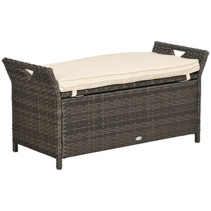 2-In-1 Patio Wicker Storage Bench, 27 Gallon Outdoor PE Rattan Patio Furniture, Large Capacity Rectangle Basket Box with Handles and Cushion, Cream White