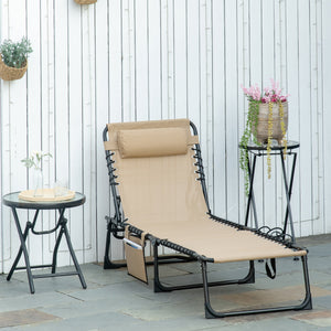 Folding Lounge Chair, Reclining Tanning Chair, Portable Sun Lounger with Adjustable Backrest and Removable Pillow for Patio, Garden, Beach, Beige