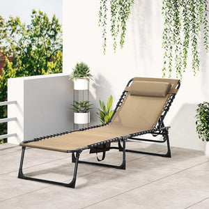 Folding Lounge Chair, Reclining Tanning Chair, Portable Sun Lounger with Adjustable Backrest and Removable Pillow for Patio, Garden, Beach, Beige