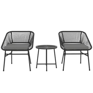 3 Pieces Wicker Patio Furniture Set, Acapulco Chair Set with Glass Top Coffee Table and Cushions, Bistro Table Set Outdoor Patio Conversation Set for Porch, Balcony, Black