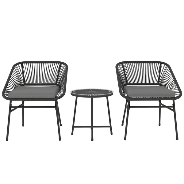 3 Pieces Wicker Patio Furniture Set, Acapulco Chair Set with Glass Top Coffee Table and Cushions, Bistro Table Set Outdoor Patio Conversation Set for Porch, Balcony, Black