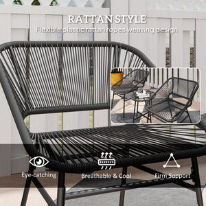 3 Pieces Wicker Patio Furniture Set, Acapulco Chair Set with Glass Top Coffee Table and Cushions, Bistro Table Set Outdoor Patio Conversation Set for Porch, Balcony, Black