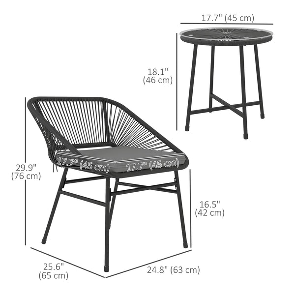 3 Pieces Wicker Patio Furniture Set, Acapulco Chair Set with Glass Top Coffee Table and Cushions, Bistro Table Set Outdoor Patio Conversation Set for Porch, Balcony, Black