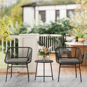 3 Pieces Wicker Patio Furniture Set, Acapulco Chair Set with Glass Top Coffee Table and Cushions, Bistro Table Set Outdoor Patio Conversation Set for Porch, Balcony, Black