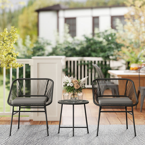 3 Pieces Wicker Patio Furniture Set, Acapulco Chair Set with Glass Top Coffee Table and Cushions, Bistro Table Set Outdoor Patio Conversation Set for Porch, Balcony, Black