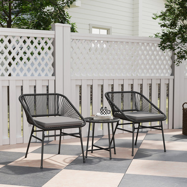 3 Pieces Wicker Patio Furniture Set, Acapulco Chair Set with Glass Top Coffee Table and Cushions, Bistro Table Set Outdoor Patio Conversation Set for Porch, Balcony, Black