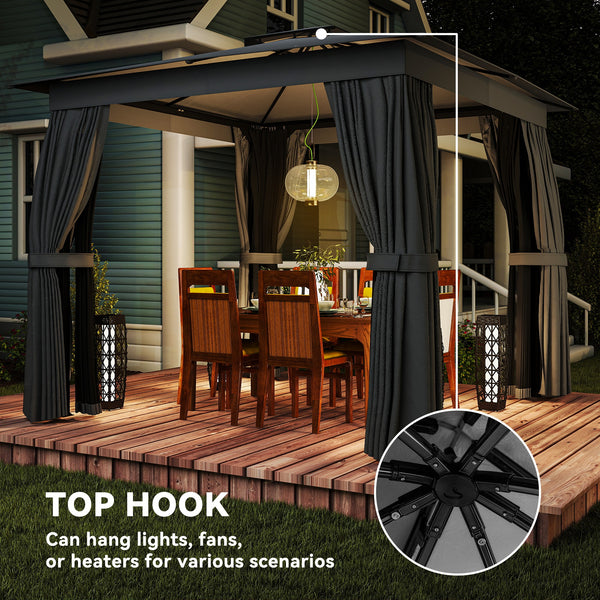10' x 10' Outdoor Patio Gazebo, Soft Top Gazebo Canopy Shelter with Double Roof, Curtains, Netting, Steel Frame, UPF30+ Protection, Ceiling Hook for Lawn, Backyard, Deck, Dark Gray