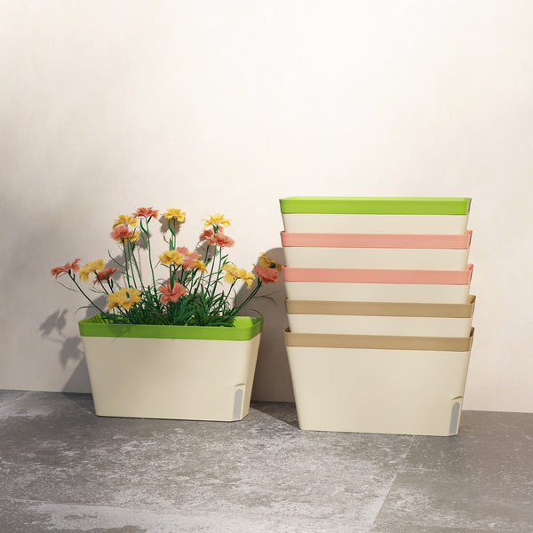 6 Pack Self Watering Planter Box, 10.5 Inch Outdoor Flower Pots with Water Level Indicator, Plastic Planter Pots for Herbs, Vegetables, Flowers, Succulents Plants