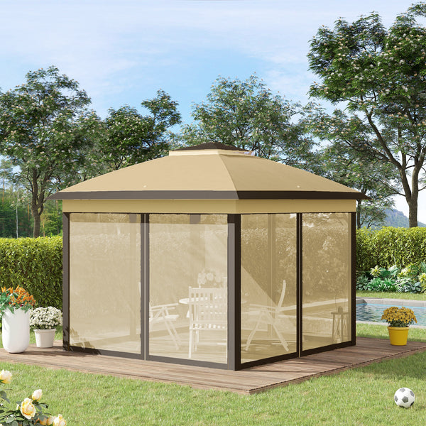 11' x 11' Pop Up Canopy, Double Roof Foldable Canopy Tent with Zipper Mesh Sidewalls, Height Adjustable and Carrying Bag, Event Tent for Patio Garden Backyard, Beige