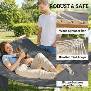 Outdoor Hammock, 2-Person Hammock with Head Pillow and Pad, Wood Spreader Bars, 440 lbs Capacity, for Patio Yard Garden, 128" x 55", Gray