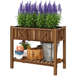 Wooden Raised Garden Bed, Elevated Planter Box with Storage Shelf, Drainage Holes and Liner for Backyard, Patio, Balcony, 34" x 18" x 30", Carbonized