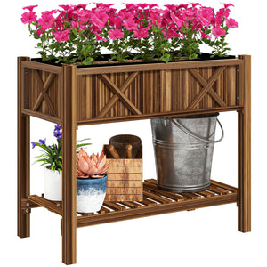 Wooden Raised Garden Bed, Elevated Planter Box with Storage Shelf, Drainage Holes and Liner for Backyard, Patio, Balcony, 34" x 18" x 30", Carbonized