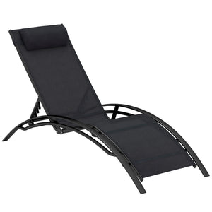 Patio Lounge Chair, Aluminum Reclining Outdoor Tanning Chair with 5-Level Adjustable Backrest, Head Pillow and Breathable Mesh Fabric, for Pool, Deck, Garden, Black