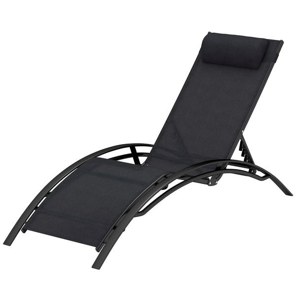 Patio Lounge Chair, Aluminum Reclining Outdoor Tanning Chair with 5-Level Adjustable Backrest, Head Pillow and Breathable Mesh Fabric, for Pool, Deck, Garden, Black